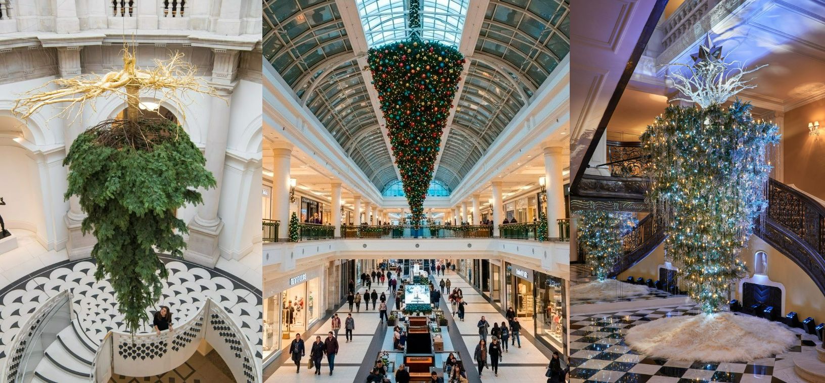 Перевёрнутые новогодние ёлки в общественных пространствах. Источники изображений: ru.pinterest.com, maxchristmas-store.ru, star-tape.ru. Фото.