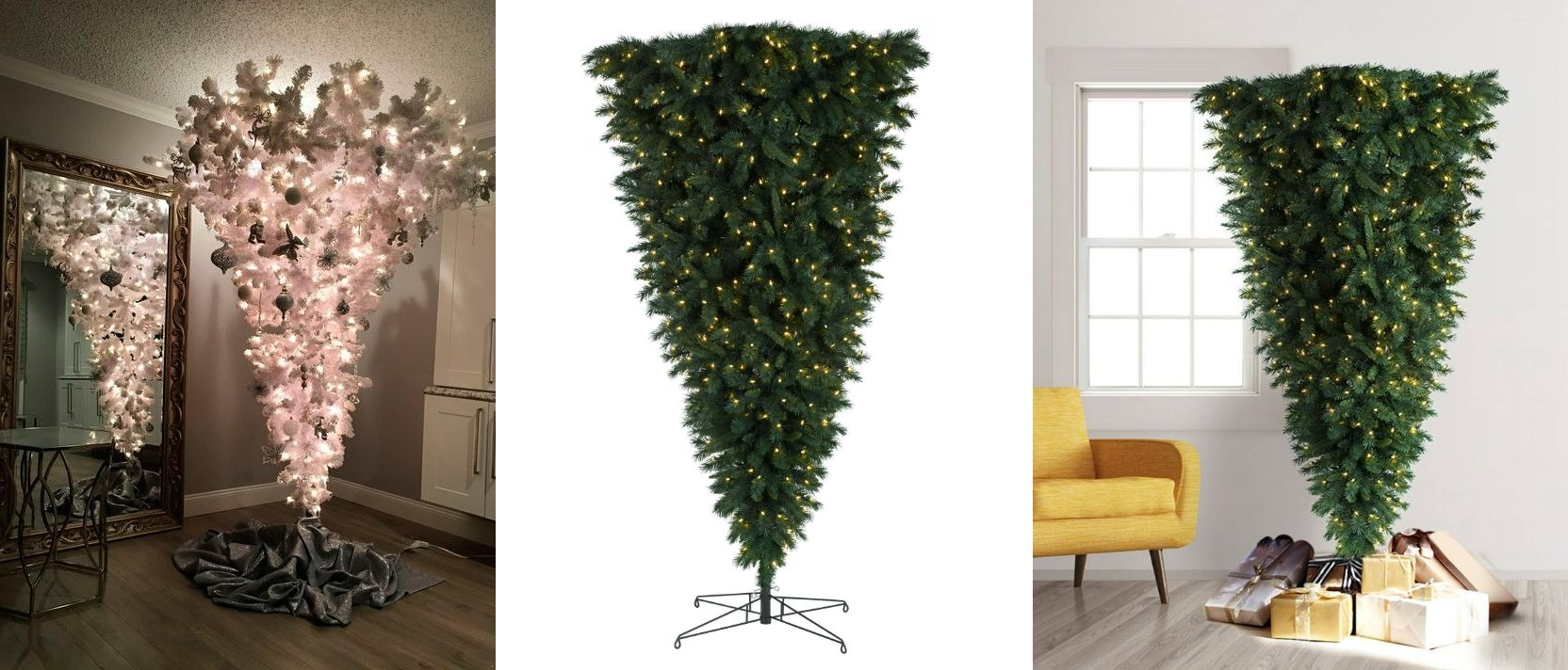 Обратные ёлки на подставке. Тут важно красиво замаскировать подставку. Источники изображений: shfoto.ru, ru.pinterest.com. Фото.