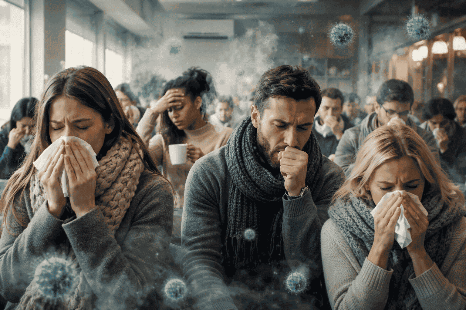 Скученность в помещениях + редкое проветривание — один из ключевых факторов роста заражаемости зимой. Фото.