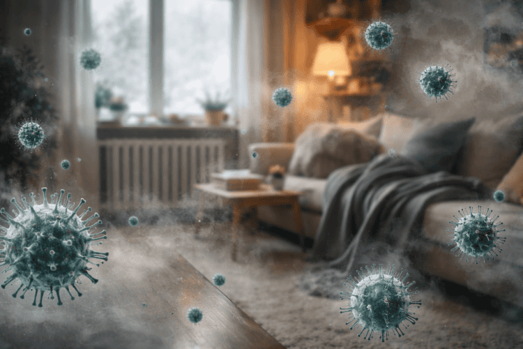 Сухой воздух: почему вирусы распространяются быстрее зимой. Сухой воздух → капли с вирусами и бактериями быстрее высыхают → дольше находятся в воздухе. Сухой воздух: почему вирусы распространяются быстрее зимой. Сухой воздух → капли с вирусами и бактериями быстрее высыхают → дольше находятся в воздухе. Фото.