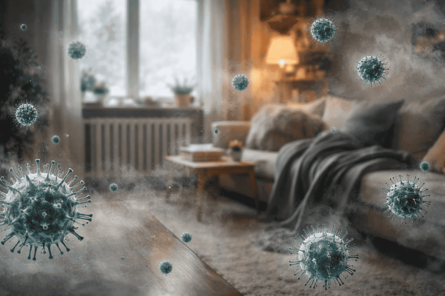 Сухой воздух → капли с вирусами и бактериями быстрее высыхают → дольше находятся в воздухе. Фото.