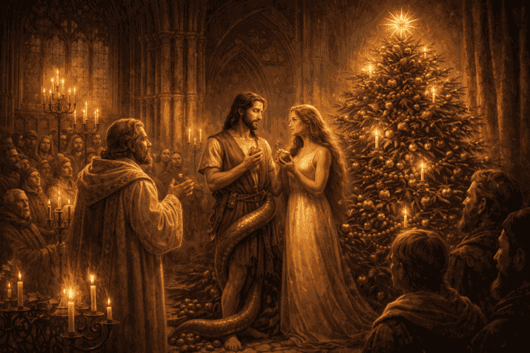 Средневековые спектакли: как «райское дерево» стало прообразом ёлки. Идея о том, что рождественская ёлка связана с «райским деревом» из средневековых мистерий (Адам и Ева), и что дерево украшали яблоками, описана в справочных материалах и популярной историографии. Фото.