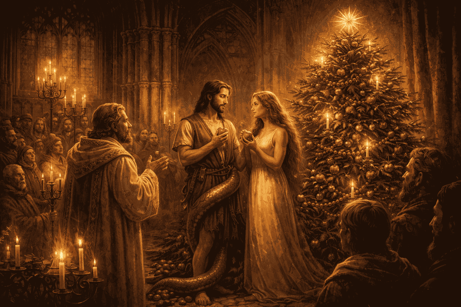 Средневековые спектакли: как «райское дерево» стало прообразом ёлки. Идея о том, что рождественская ёлка связана с «райским деревом» из средневековых мистерий (Адам и Ева), и что дерево украшали яблоками, описана в справочных материалах и популярной историографии. Средневековые спектакли: как «райское дерево» стало прообразом ёлки. Идея о том, что рождественская ёлка связана с «райским деревом» из средневековых мистерий (Адам и Ева), и что дерево украшали яблоками, описана в справочных материалах и популярной историографии. Фото.