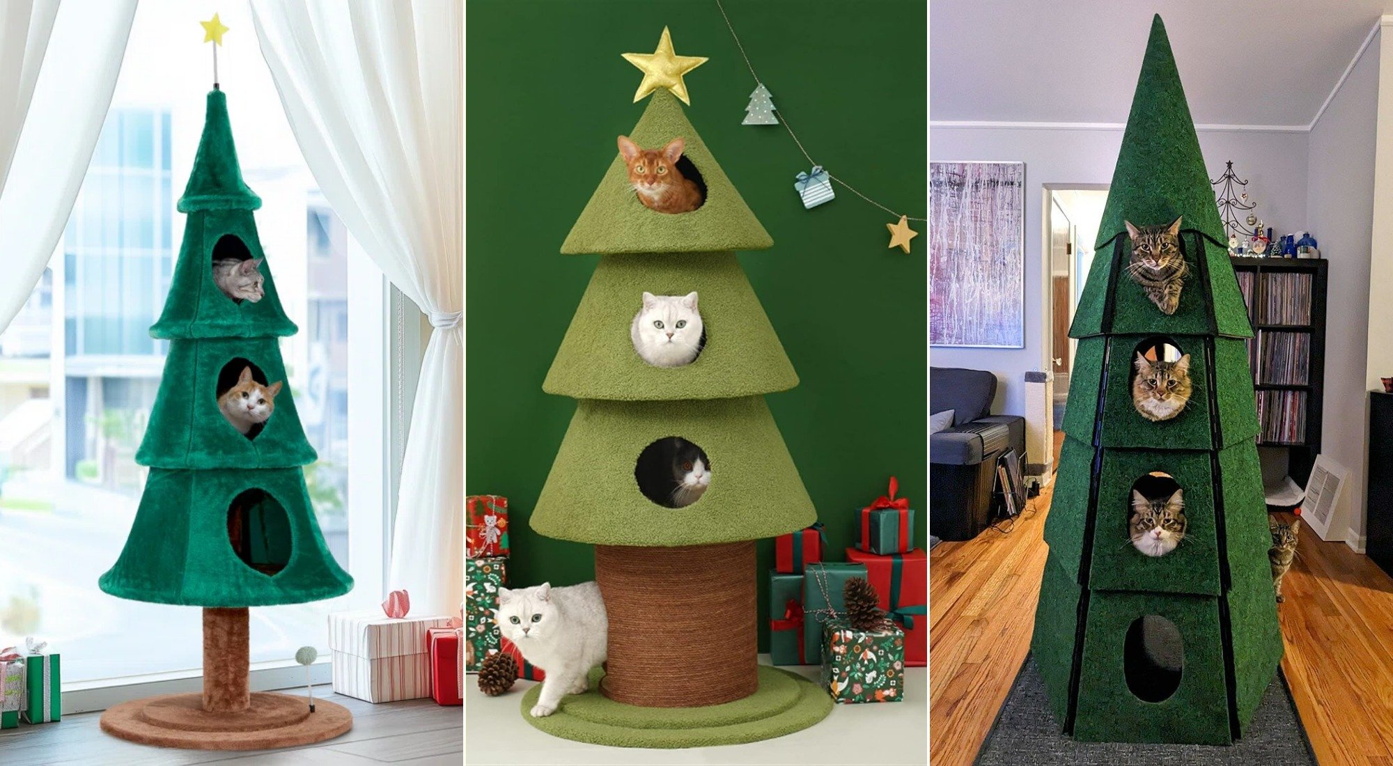 3 место — ёлки-домики для кошек. Ваш кот обычно роняет ёлку, разбивает игрушки, а вот тут он сам становится её украшением. Источники изображений: wayfair.com, pawsnclawz.store, boredpanda.com. Фото.