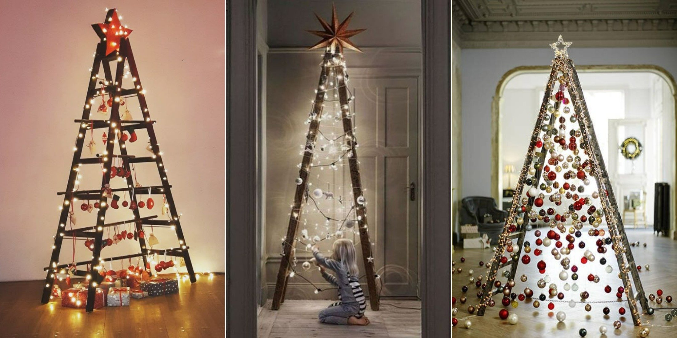 8 место — ёлки из лестницы. Почему бы и нет. Источники изображений: dzen.ru, ru.pinterest.com, at.pinterest.com. Фото.