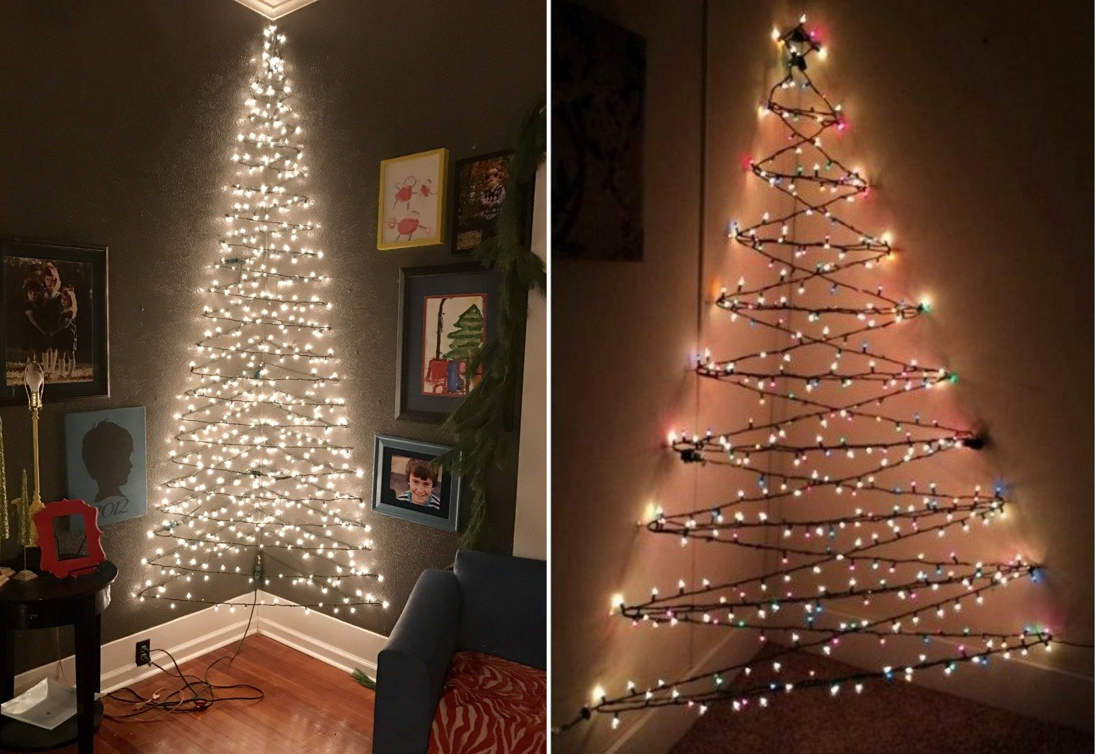 1 место — ёлки из гирлянды в углу комнаты. Минимум материалов, максимум праздничного настроения. Источник изображений: ru.pinterest.com. Фото.
