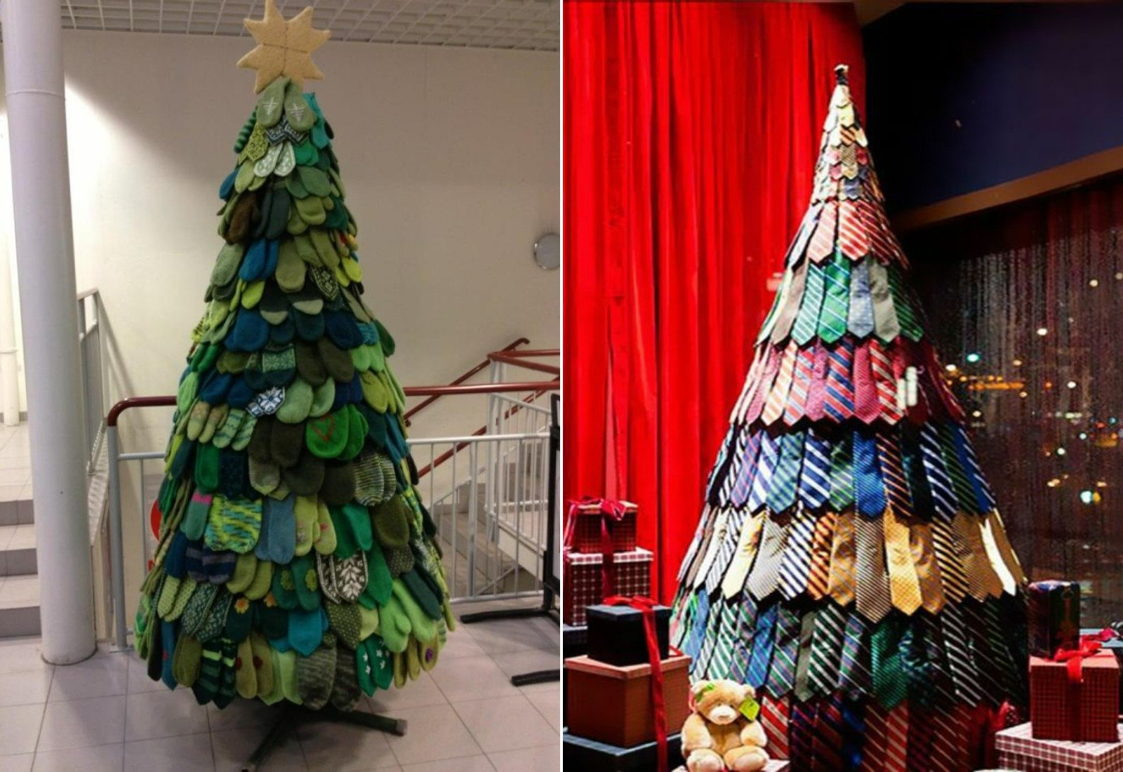 10 место — ёлки из различных вещей. Кроной вашего праздничного дерева могут послужить различные вещи: одежда, аксессуары, игрушки и пр. Источники изображений: livemaster.ru, ru.pinterest.com. Фото.