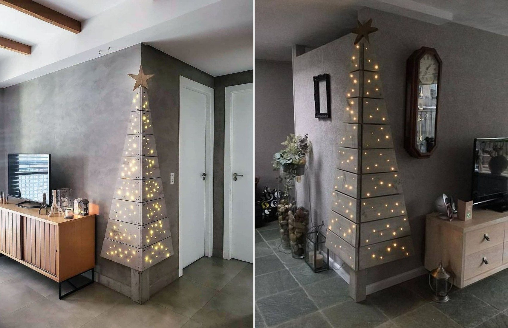 4 место — ёлки на угол стены. И красиво, и празднично, и ноль занятого пространства. Источники изображений: at.pinterest.com, za.pinterest.com. Фото.