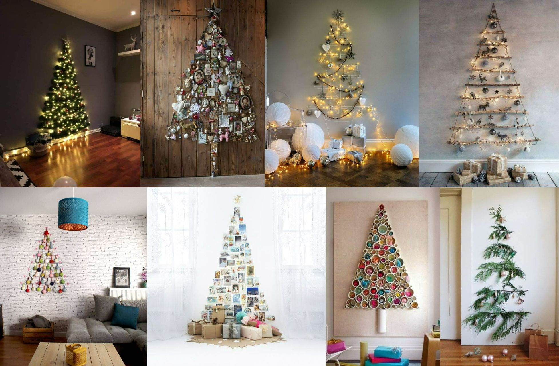 2 место — ёлки-настенные композиции. Всё зависит только от вашей фантазии. Источники изображений: br.pinterest.com, uk.pinterest.com, ru.pinterest.com, domasan.ru, domoholic.ru, za.pinterest.com. Фото.