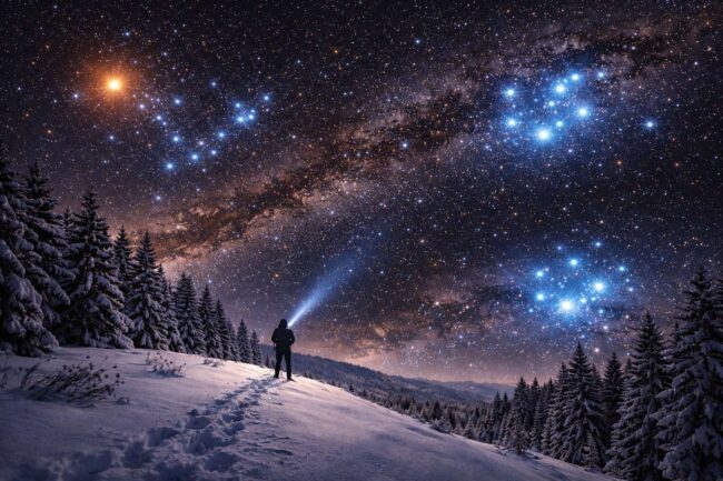Какие звёздные скопления видно на зимнем небе без телескопа. Фото.