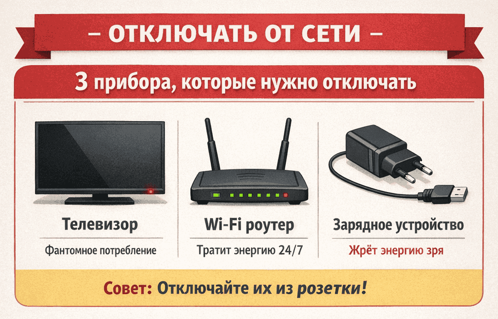 Чтобы начать бороться с нерациональным использованием электроэнергии, нужно отключать от сети эти три прибора, когда вы ими не пользуетесь. Фото.