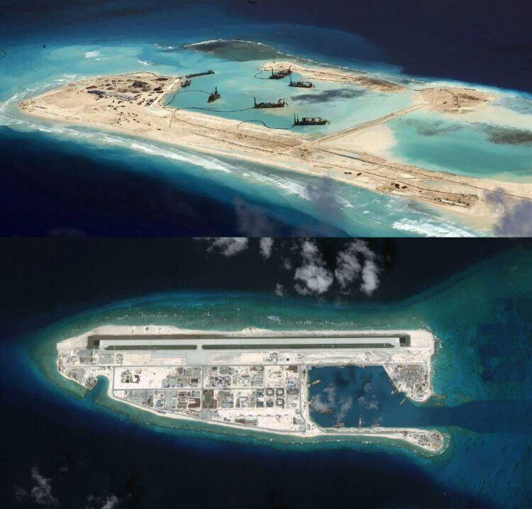 Как Китай строит искусственные острова из подводных рифов. Риф Фиери Кросс (Yongshu Jiao) — самая наглядная ВПП. 9.5519, 112.8890. Источники изображений: thestrategybridge.org, wondesea.blogspot.com. Фото.