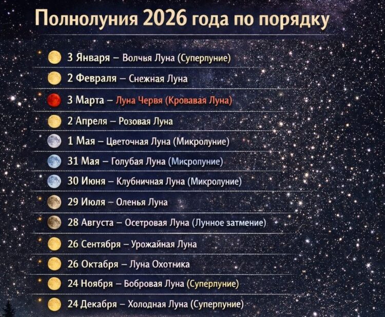 Все полнолуния 2026 года по порядку. Календарь полнолуний на 2026 год. Фото.