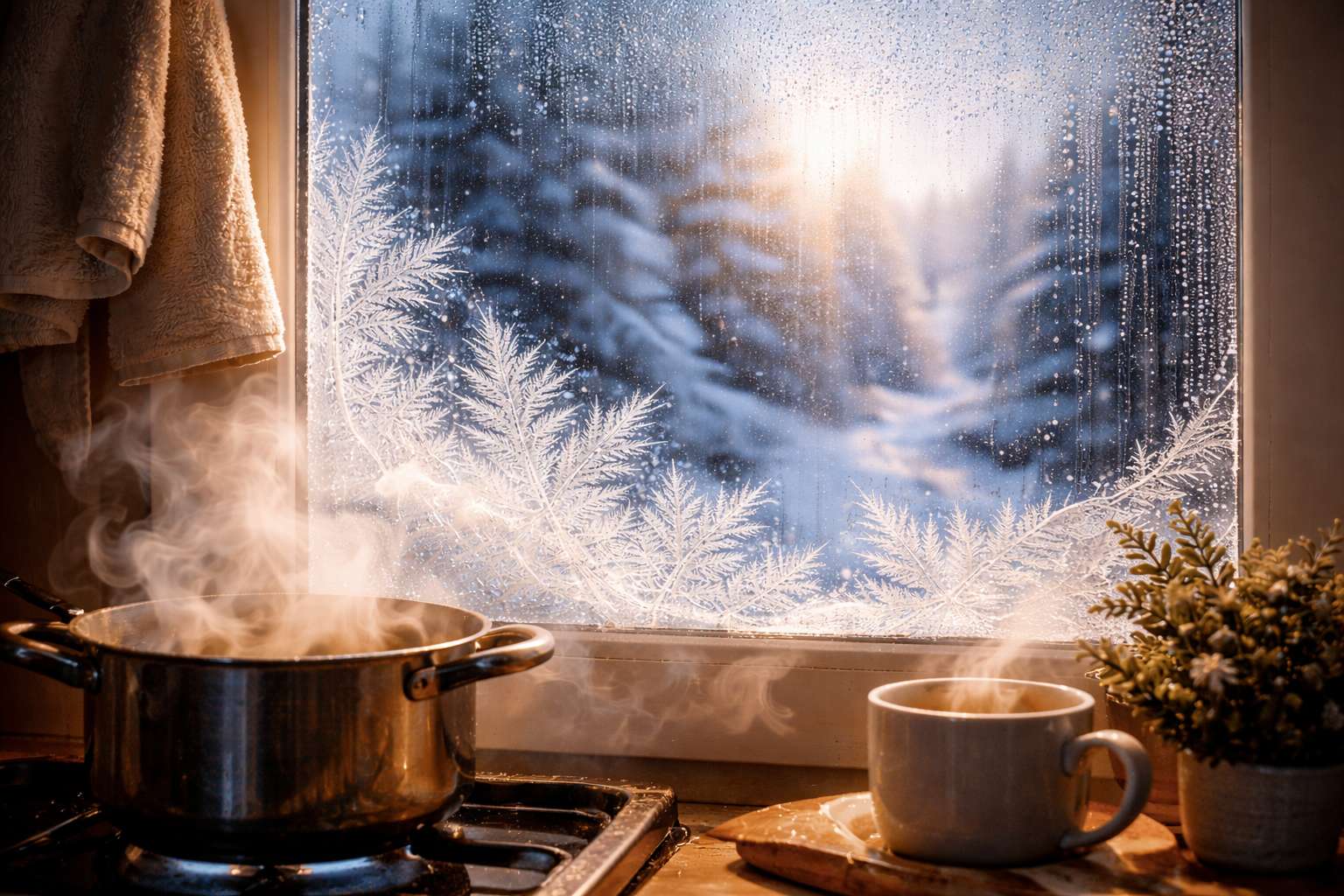 Главный источник узоров на окнах — водяной пар из воздуха в комнате (дыхание, готовка, сушка белья), который попадает на холодное стекло и там превращается в лёд. Фото.