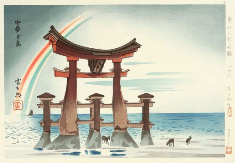 Сколько цветов в радуге в Японии. Японская гравюра с трехцветной радугой. Источник изображения: reddit.com. Фото.