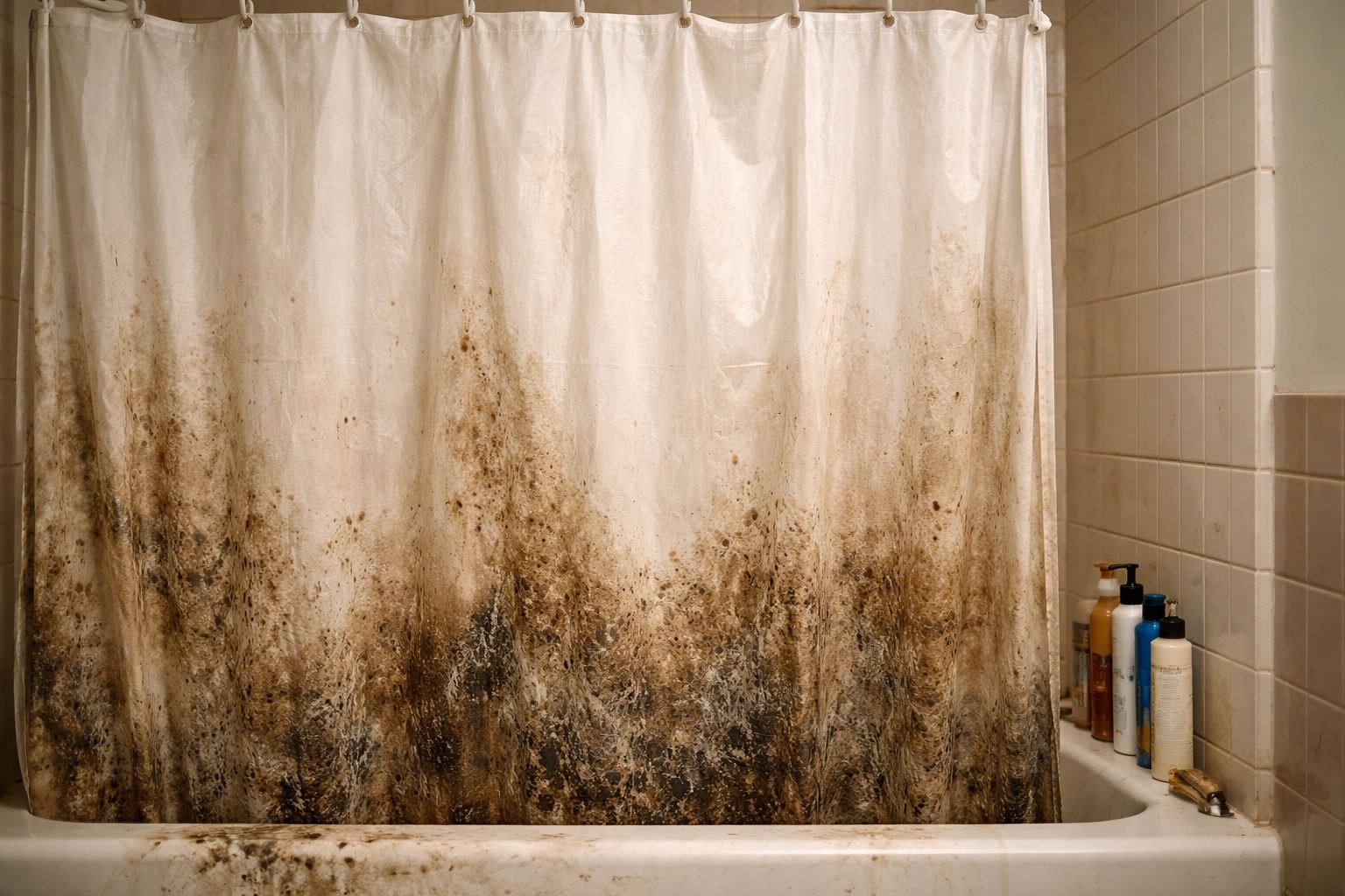 Ванна и шторка для душа. Влага и тепло ванной создают идеальные условия для грибков на шторке. Фото.