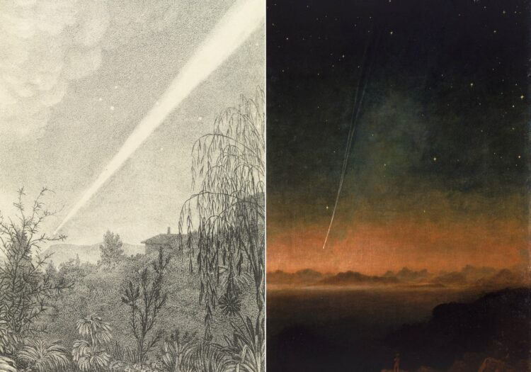 Что такое кометы Крейца и как появилось это семейство. Великая комета 1843 года на картинах, художники: Мэри Мортон Оллпорт и Чарльз Пьяцци Смит. У кометы был один из самых длинных хвостов в истории наблюдений. Источник изображения: en.wikipedia.org. Фото.