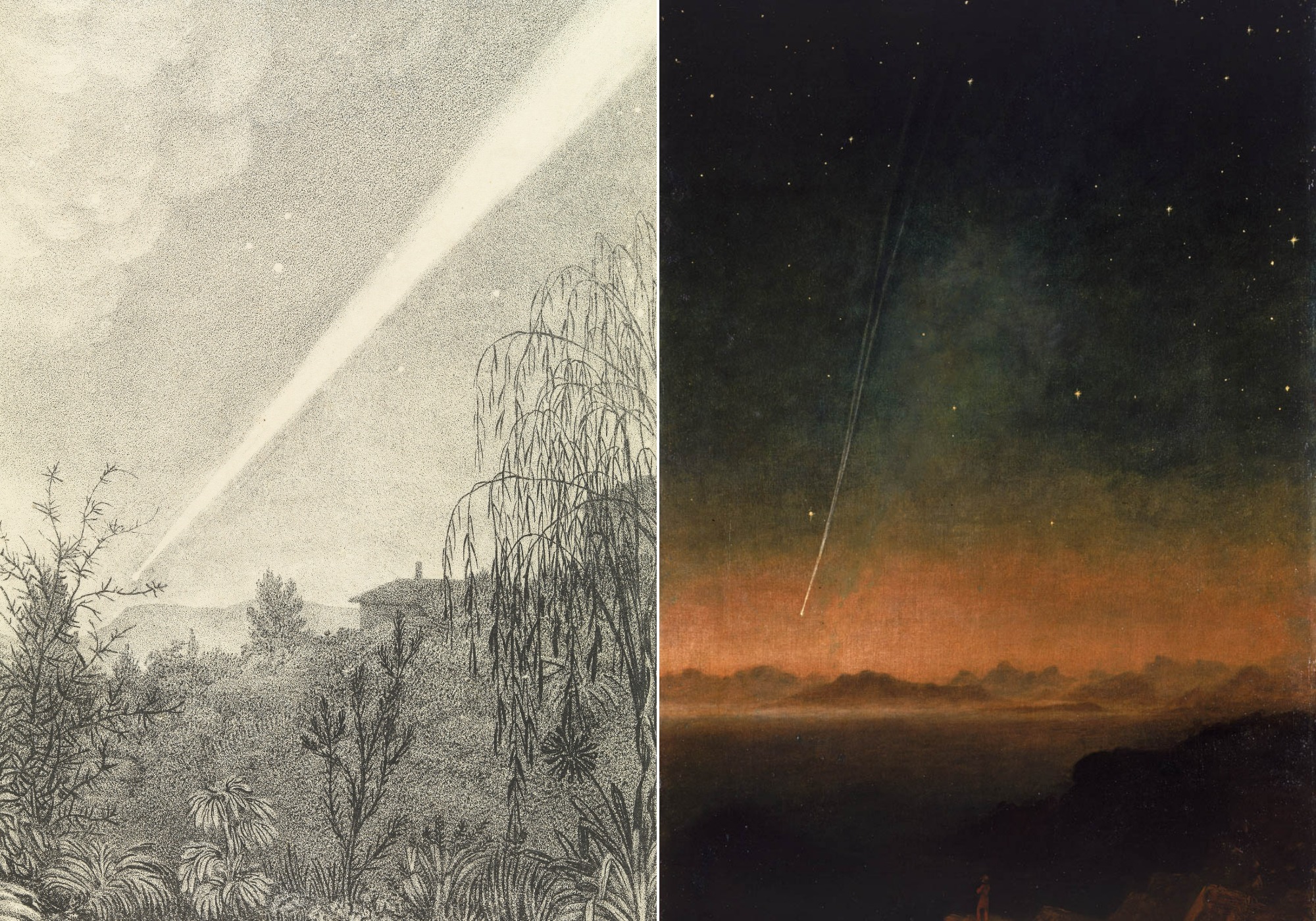 Великая комета 1843 года на картинах, художники: Мэри Мортон Оллпорт и Чарльз Пьяцци Смит. У кометы был один из самых длинных хвостов в истории наблюдений. Источник изображения: en.wikipedia.org. Фото.