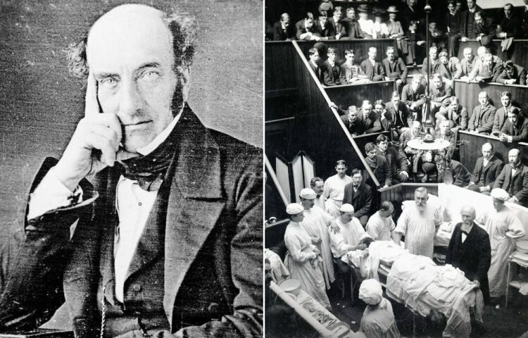 Роберт Листон — самый быстрый хирург XIX века: правда ли он оперировал за 30 секунд. На первом фото Роберт Листон, примерно 1845 год. На втором фото пример того, как выглядела операционная в ту эпоху. Источники изображений: dailymail.co.uk, vk.com. Фото.