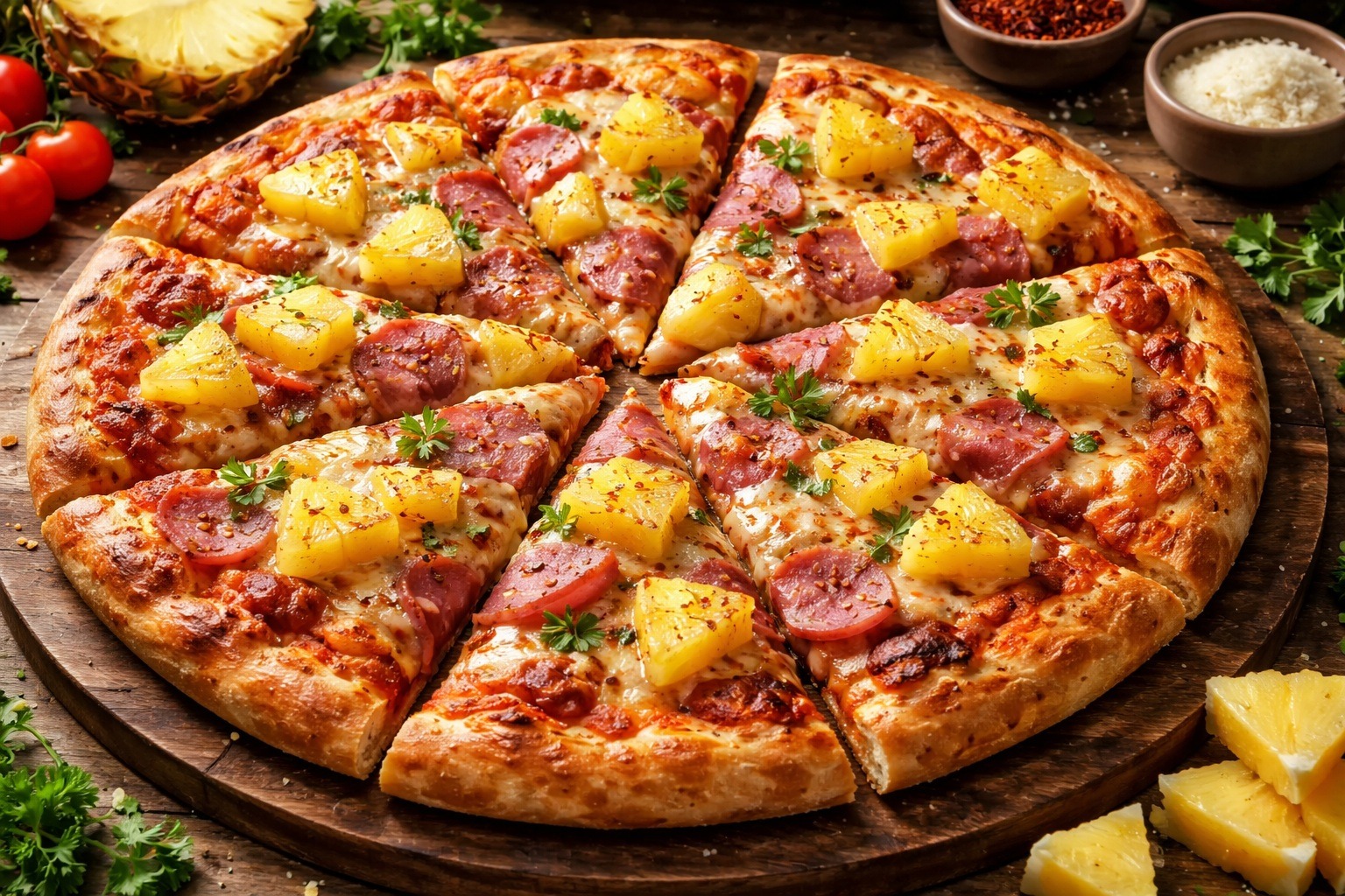 Why pineapple causes burning and tingling in the mouth. Pineapple pizza has almost no bromelain because it breaks down when heated. Photo.