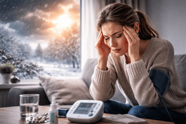 Почему в конце зимы часто меняется атмосферное давление. Скачки давления могут влиять на самочувствие через реакции сосудов и нервной системы; у чувствительных людей это проявляется головной болью и слабостью. Фото.