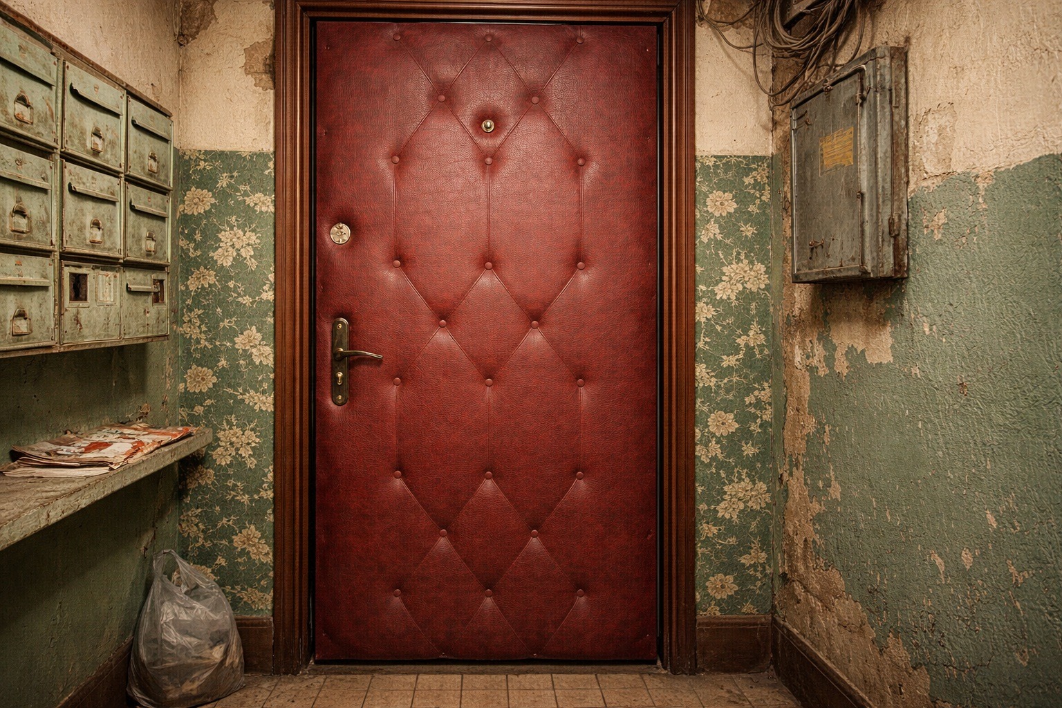 Decorating the Front Door. A door with leatherette looked more respectable. Photo.