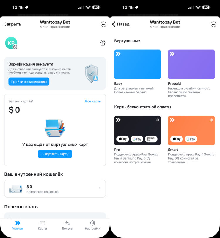 Бот Wanttopay в Телеграме. Интерфейс простой и понятный. Фото.