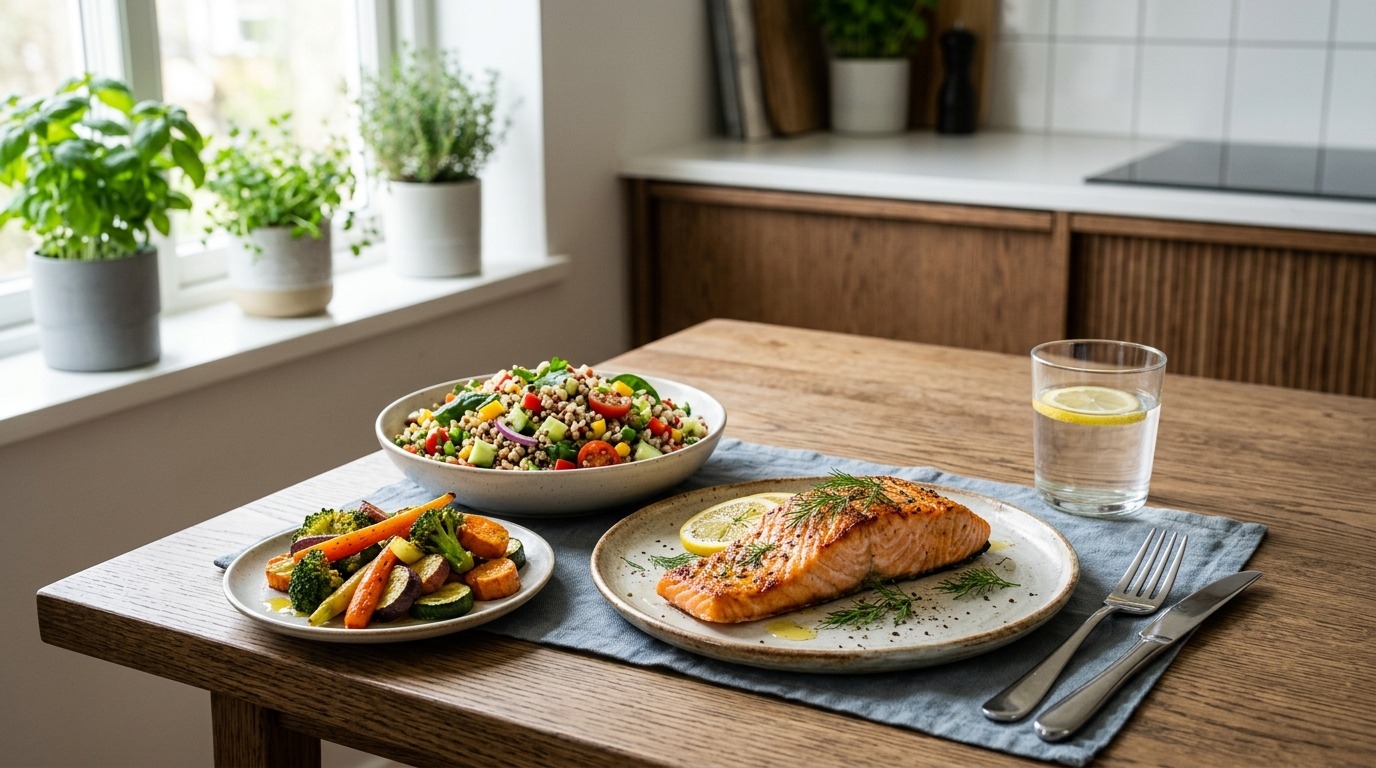 Рацион, богатый овощами, рыбой и цельными злаками — часть оптимальной комбинации для здоровья сердца. Фото.