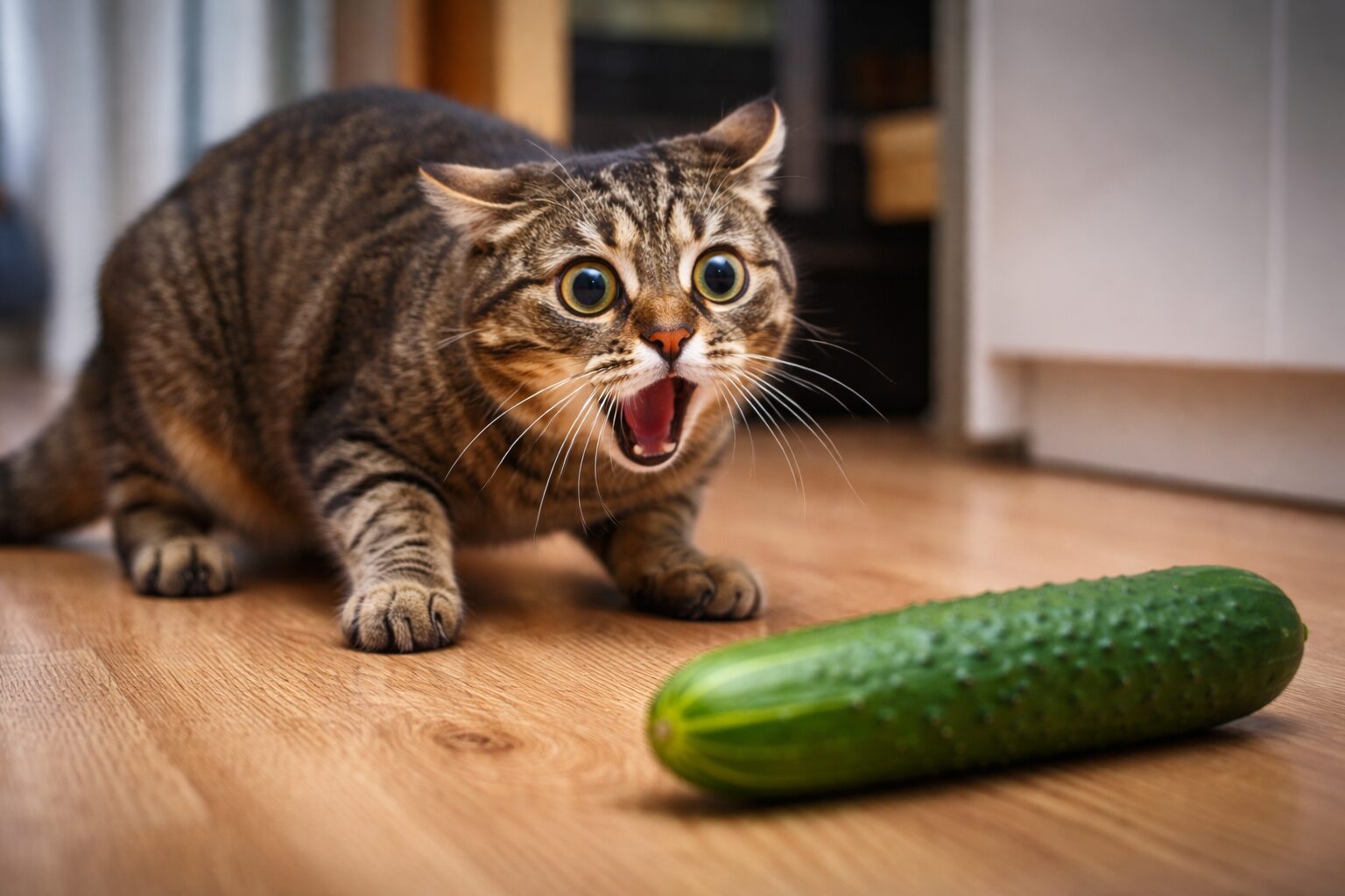 Почему кошки боятся огурцов, новых предметов и резких перемен. Кошки боятся внезапного появления нового предмета, и дело тут не именно в огурце. Фото.