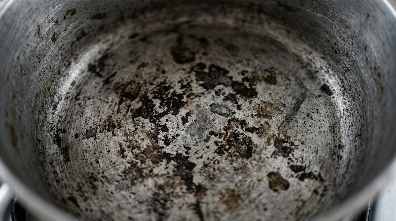 Темные пятна на алюминиевой посуде — типичный результат чистки содой. Фото.