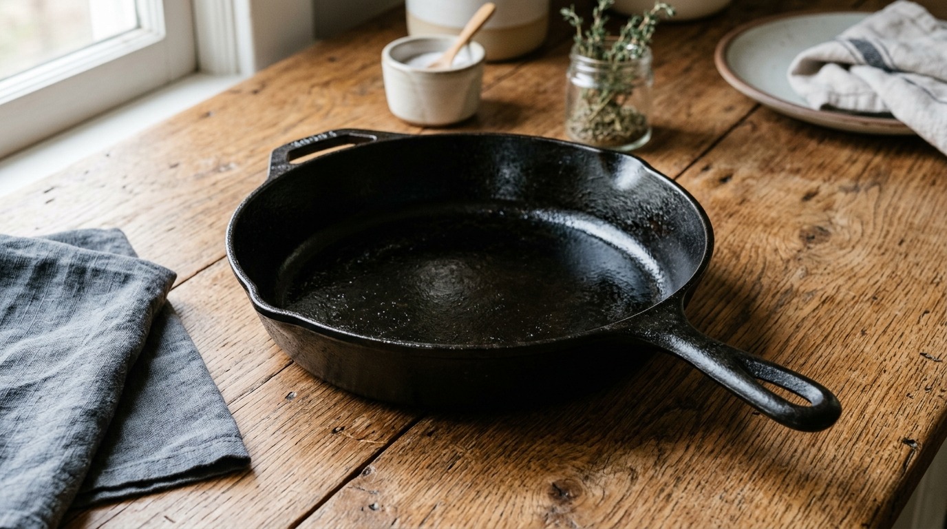 Антипригарный слой чугунной сковороды легко повредить содой. Фото.