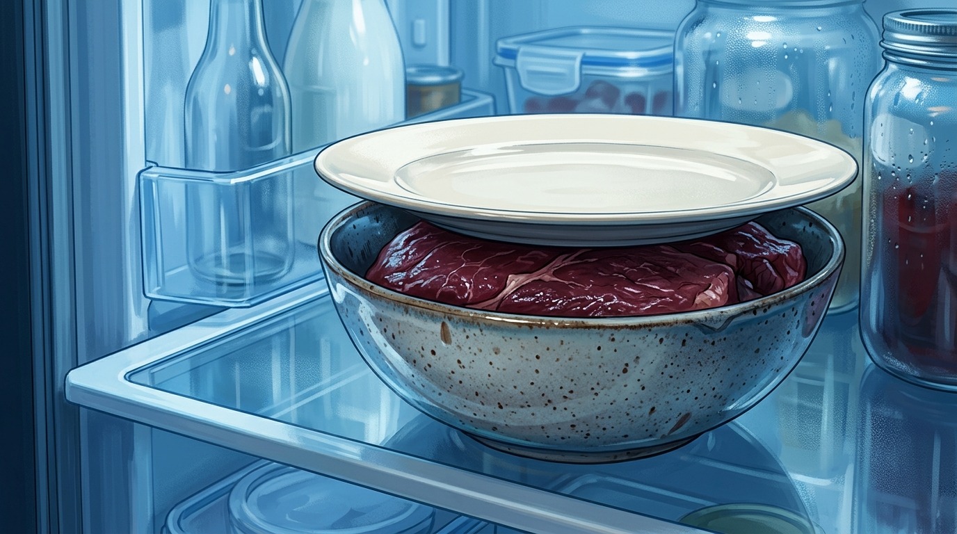 Мясо размораживается в холодильнике в глубокой посуде. Фото.