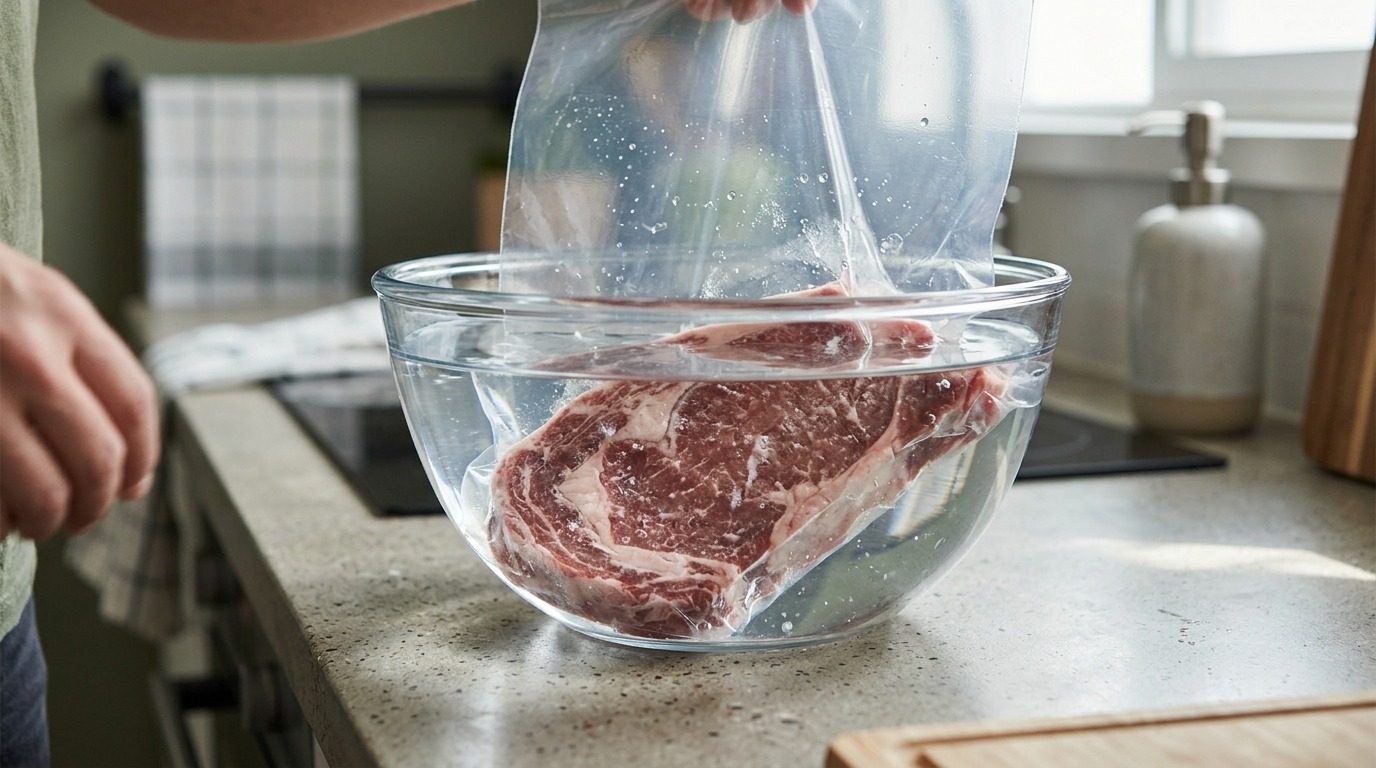 Мясо в герметичном пакете размораживается в холодной воде. Фото.
