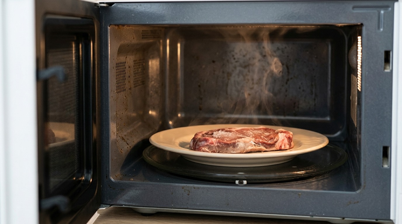 Мясо в микроволновке нужно переворачивать каждые 2–3 минуты. Фото.