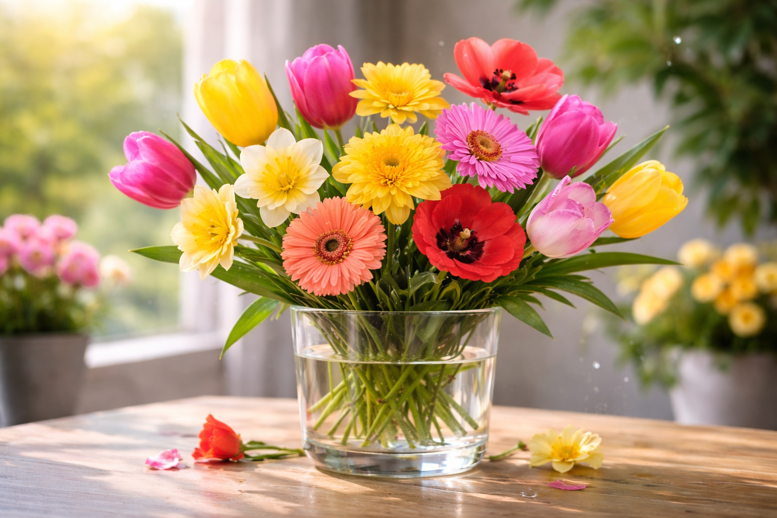 Why flowers wilt quickly in a vase. Those same problematic flowers due to their stems that can wilt quite quickly: tulips, daffodils, poppies, gerberas. Photo.