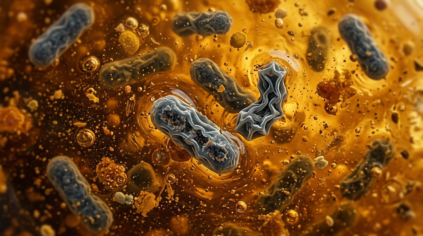 Бактериальные клетки теряют воду и гибнут в сверхконцентрированном растворе сахаров. Фото.