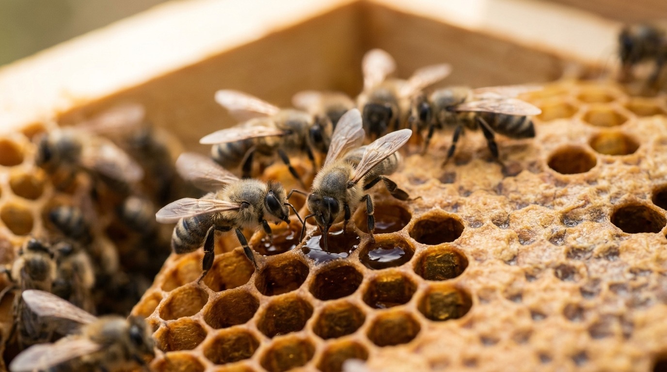 Пчелы обмахивают крыльями ячейки с нектаром, выпаривая из него лишнюю воду. Фото.