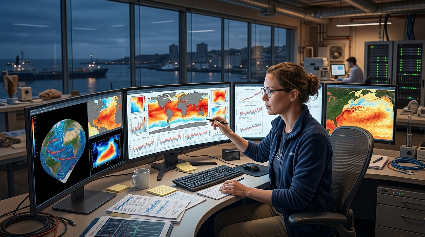 Климатологи анализируют данные о температуре океана в исследовательском центре