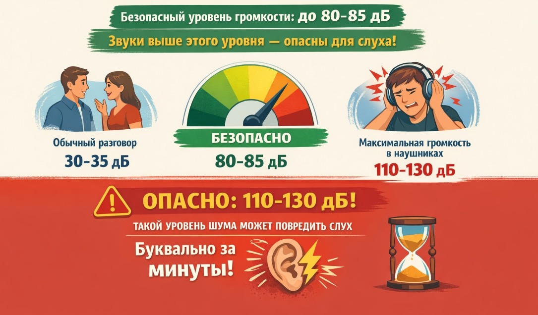 Что такое нейросенсорная тугоухость. Памятка об опасном уровне громкости. Фото.