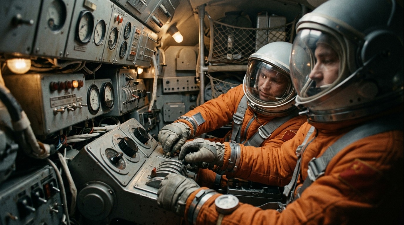 Тесная кабина «Восхода-2», в которой космонавтам пришлось вручную управлять посадкой