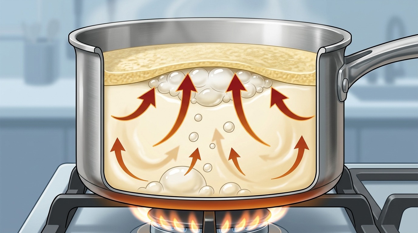 Схема того, что происходит внутри кастрюли: пар не может пройти через пленку белков и жиров. Фото.