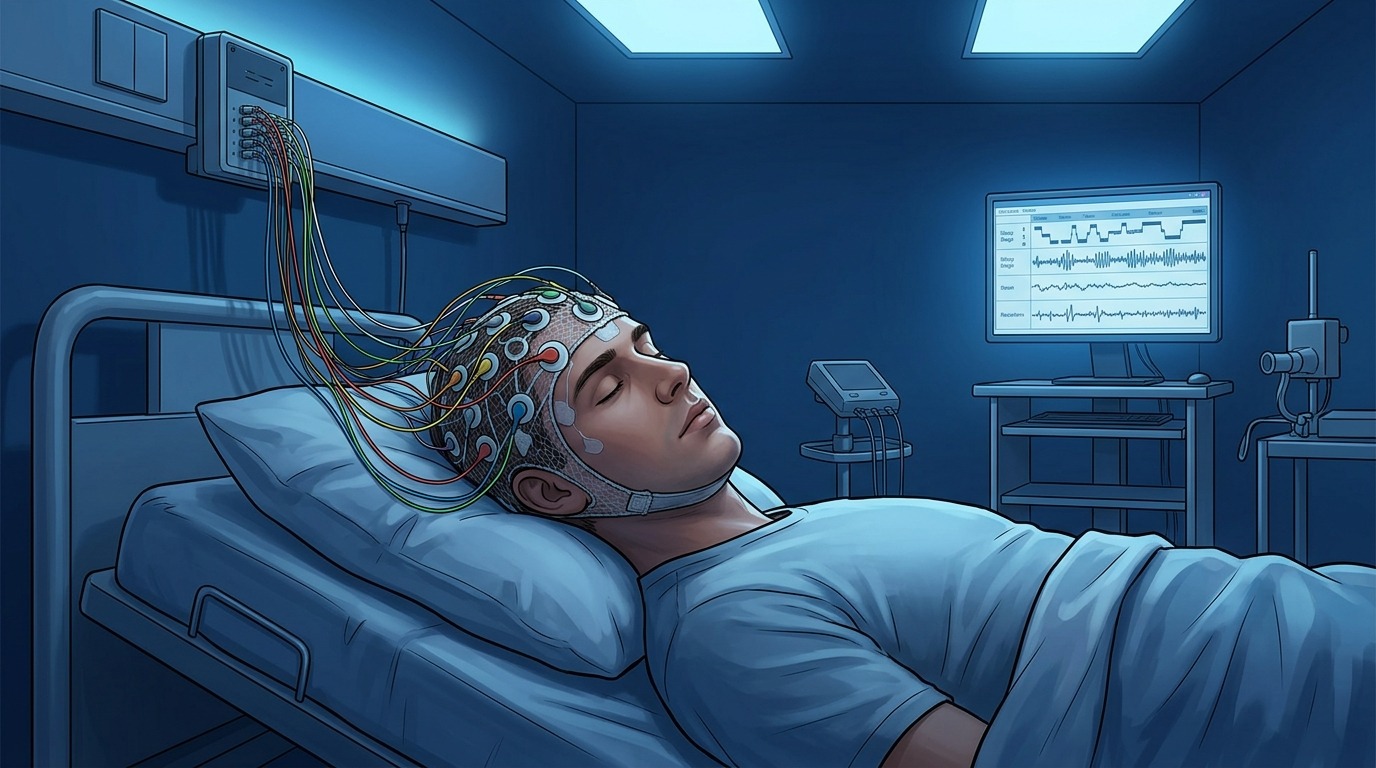 Участник исследования спит в лаборатории с датчиками ЭЭГ