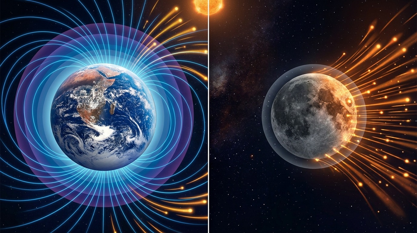 Земля защищена и гравитацией, и магнитным щитом. Луна лишена обоих преимуществ. Фото.