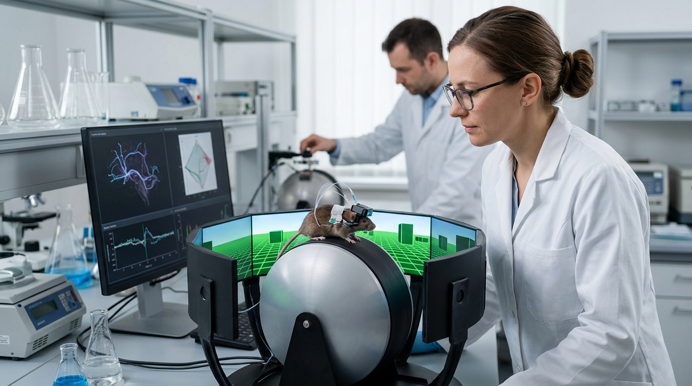 Лабораторный эксперимент с мышами в системе виртуальной реальности. Фото.