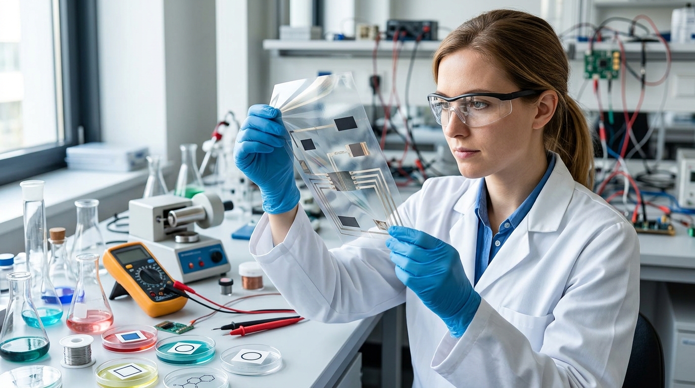 Исследователь с тонкой полимерной плёнкой — потенциальным электролитом для безопасных батарей
