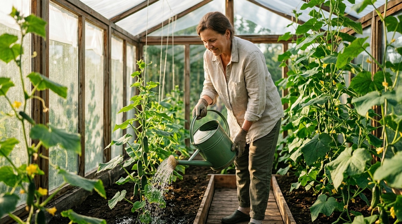 Регулярный полив теплой водой — главная защита от горечи огурцов. Фото.