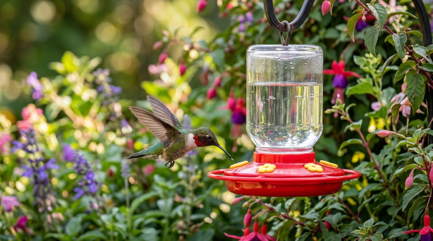 Колибри у кормушки с прозрачным сахарным сиропом — красный цвет нужен только самой кормушке