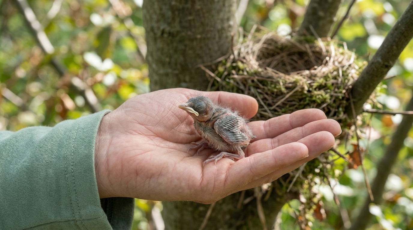 Выпавшего из гнезда птенца можно аккуратно вернуть на место — мать его не бросит