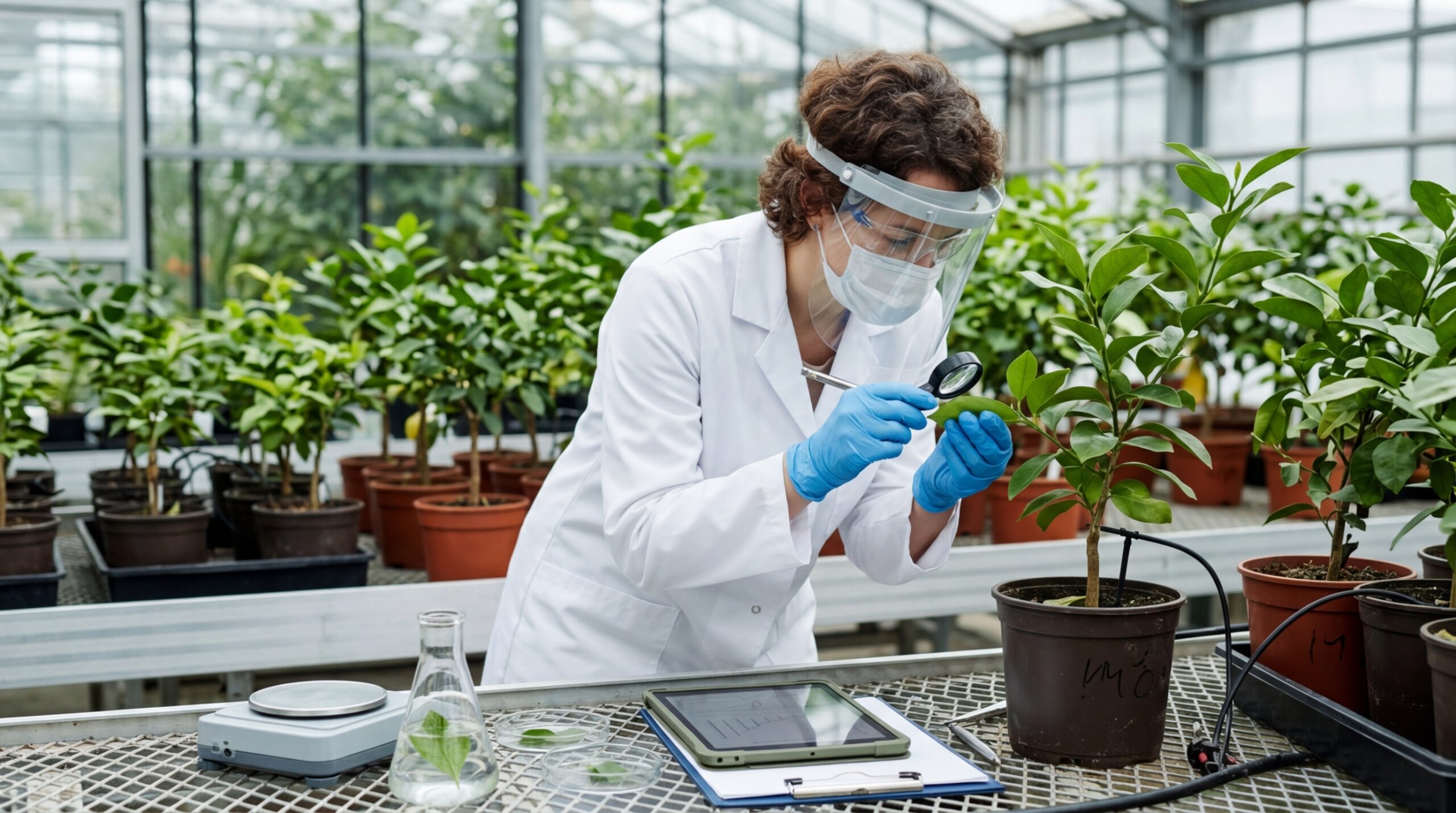 Исследователь осматривает листья молодого цитрусового дерева после генного редактирования