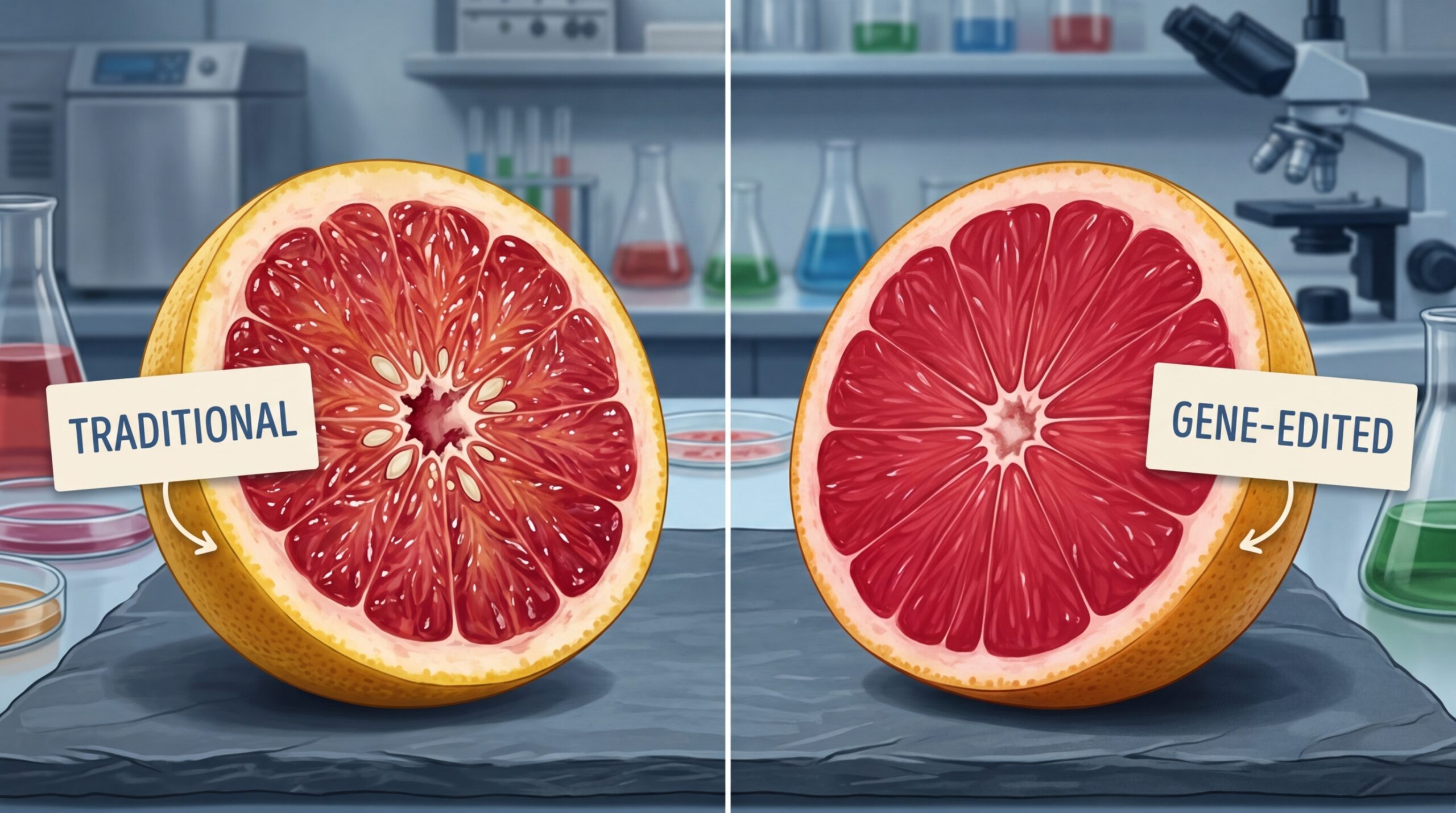 Сравнение обычного и отредактированного грейпфрута — пока гипотетическое, ведь плоды ещё не созрели